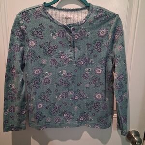 NWOT BLAIR WOMEN'S DUSTY TEAL & PURPLE COTTON FLORAL HENLEY TOP!